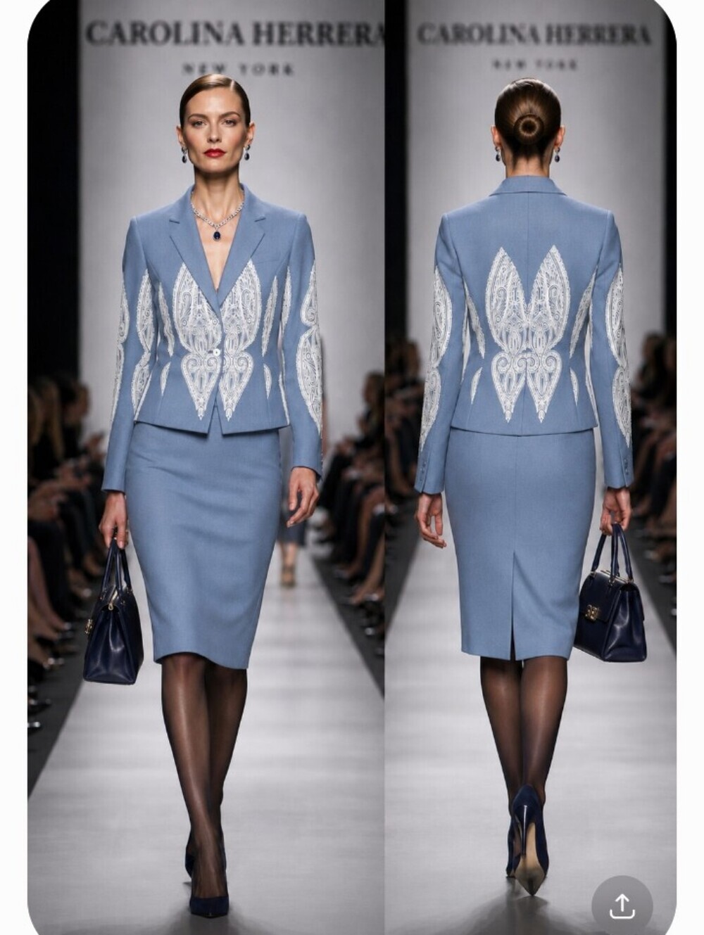 Carolina Herrera 12 Blue Gray Ivory Jacquard Embroidered Peak Lapel Skirt Suit